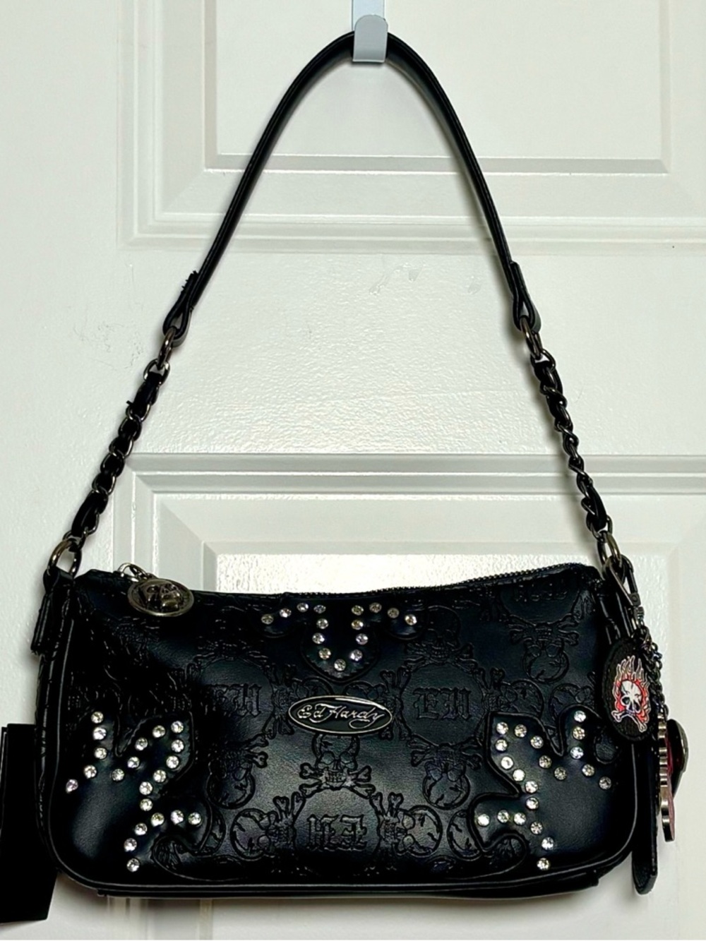 Ed Hardy Black Skull Imprinted Crystal Stud Shoulder Handbag